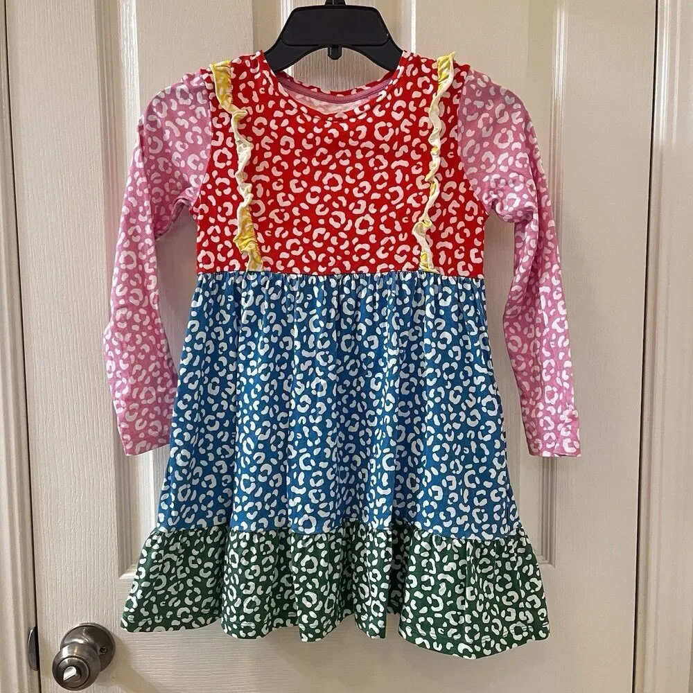 Mini Boden Colorblock Cheetah Print Dress Long Sleeve Ruffle Girls Size 7-8